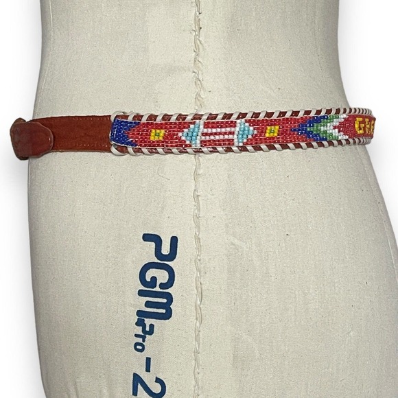 Grand Canyon Beaded Faux Leather Belt Colorful Brown Souvenir Silver Tone Buckle - Picture 3 of 5